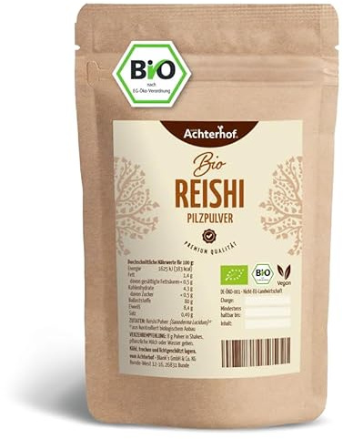 Bio Reishi Pulver 100g | naturreines Pilzpulver Bio und vegan | adaptogener Vitalpilz, aus dem ganzen Fruchtkörper | Achterhof