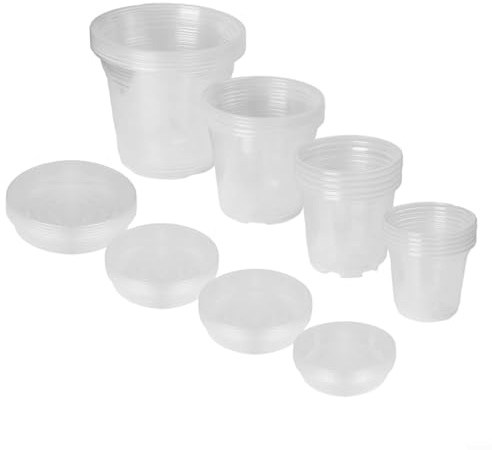 Yhenlovtt Herbs Indoor - Paquete de 20 macetas de plástico transparente con agujeros de drenaje y platillos a juego de 4/5/6/7 pulgadas, macetas transparentes para orquídeas y suculentas