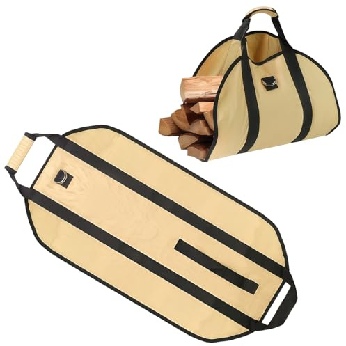 Large Waxed Canvas Log Carrier Bag with Handles, Maslasee Firewood Bag for Outdoor and Indoor Fireplace, Log Basket and Kindling Storage, Durable Log Fire Accessories for Wood Burner, Khaki