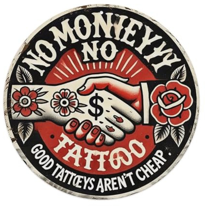 No Money No Tattoo-Tattoo Parlor Tin Sign Vintage Round Metal Sign Man Cave Garage Bar Pub Wall Decor Metal Poster 8x8 Inch