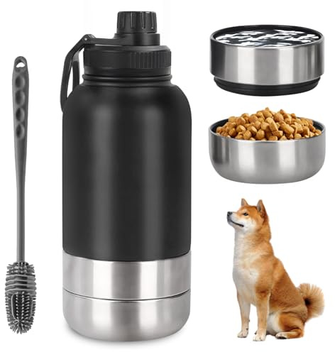Gourde pour chien - Pour les déplacements - 950 ml - Bouteille d'eau pour chien - En acier inoxydable - Isolée - Avec gamelle d'eau et gamelle - Accessoire pour chien pour promenade - Sans BPA