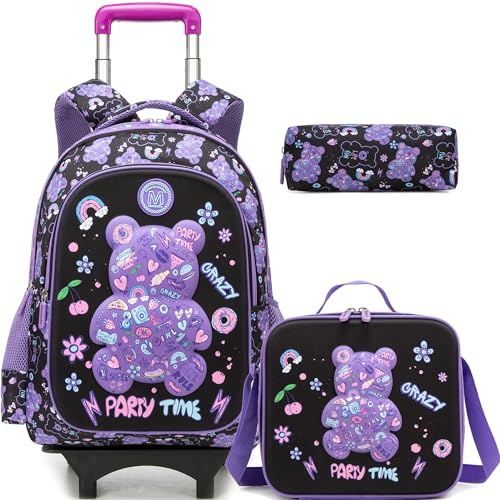 HTgroce Sac à Dos à Roulettes Fille Ours– Cartable Scolaire Primaire (CP CE1 CE2) – Trolley Détachable 2-en-1 Ergonomique – Idéal École & Voyage