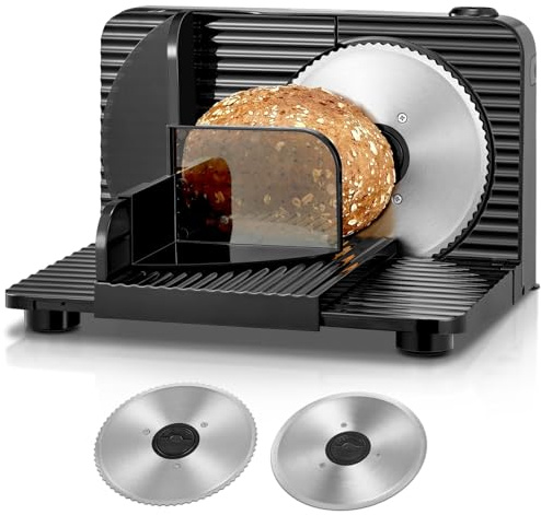 FOHERE Cortadora de Fiambre, Cortafiambres Eléctrico Plegable, con 2 Cuchillas de Acero Inoxidable y Grosor Regulable 0-15mm, Perfecta para Cortar Pan, Queso, Embutidos y Verduras