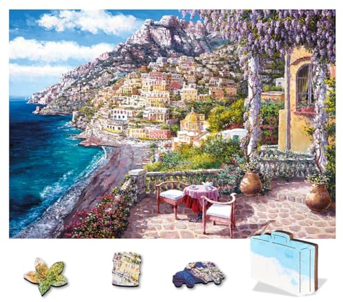 Wentworth Wooden Puzzles Positano, Italy - 250 Pcs Adult Jigsaw Puzzle, Themed Irregular Pieces, Sam Park Design for Travel Lovers - Sustainably Sourced Wood and British Made
