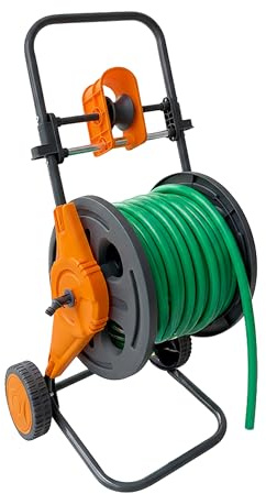 Chariot dévidoir Relaxdays, 60 m, raccord à clic, guide-tuyau, 2 roues, plastique, acier, gris/orange | 2 roues, plastique, acier