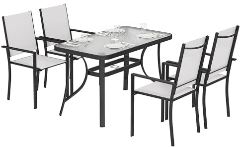 Outsunny Set Tavolo e Sedie da Giardino 5 Pezzi, Set Pranzo Esterno con 4 Sedie Impilabili Texteline, Tavolo Vetro Temperato, Foro Ombrellone, Struttura in Acciaio per Terrazza Balcone, Grigio Chiaro