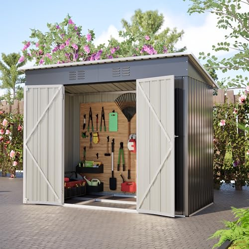 Casetta in metallo 8 x 4 FT con telaio di fondazione, resistente alle intemperie, in acciaio zincato, capanno da giardino con serratura, capanno per attrezzi da giardino e terrazza (grigio, 4 x 8
