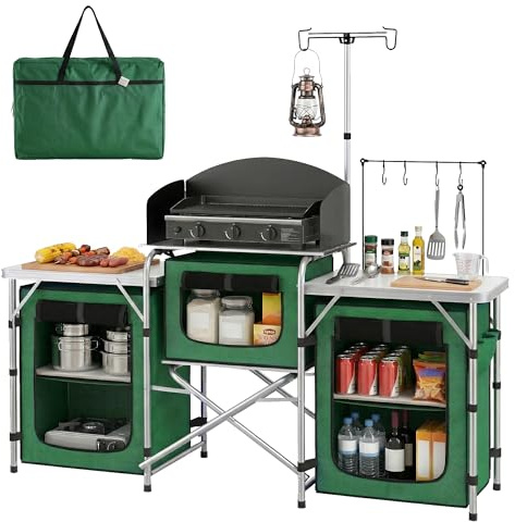 Outsunny Mueble Cocina Camping Armario Camping Plegable con Mesas Armarios Ganchos Estructura de Aluminio Poste de Luz Ajustable Paravientos y Bolsa de Transporte para Acampada 172x48x130 cm Verde