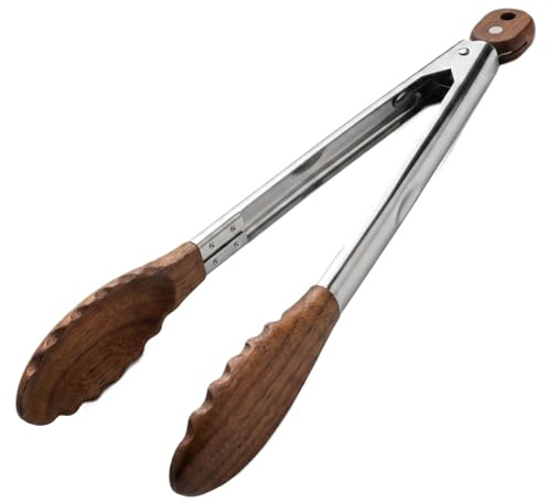 12 Inch Walnut Wood & Stainless Steel Kitchen Tongs for Cooking, Heat Resistant Serving Tongs for BBQ, Salad, Toaster and Bread, Non-Scratch Wooden Food Tongs