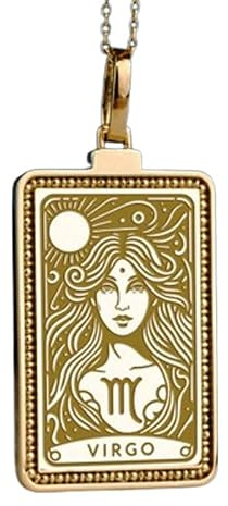 Collar con colgante del signo zodiacal Virgo en relieve, fabricado en plata de ley 925 con baño de oro, cadena de eslabones de 45 cm (18), dije rectangular para joyería unisex | WW_EMBO_00718