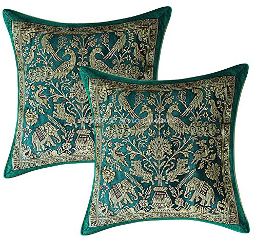 Stylo Culture Indio Fundas De Cojines Decorativos 30x30 cm Brocado De Seda Elefante Fundas Almohadones Silla Verde Esmeralda 12x12 Inch Jacquard Cuadrado Cremallera Fundas para Cojines Cama - 2 Pcs