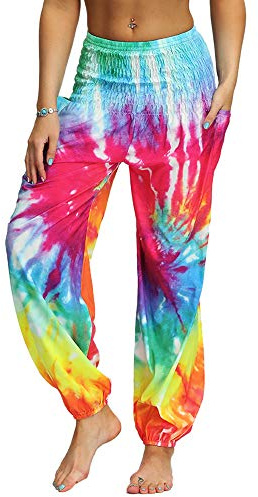 Nuofengkudu hippie haremsbyxor med fickor för kvinnor, yogabyxor, Regnbåge B, En Storlek
