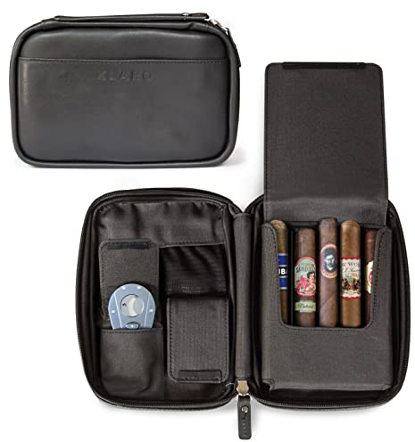 CASE ELEGANCE Klaro Étui à cigares de Voyage en Cuir pour 5 cigares, 2 Poches pour Accessoires, Poche d'humidification, Protection Interne Rigide (Noir)