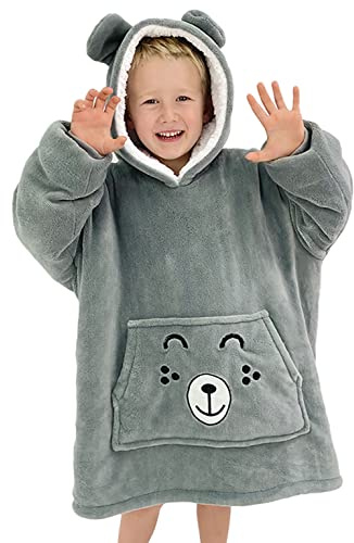 The Big Softy Kids Oversized Hoodie - Blanket Hoodie for Kids 3-10 yrs – Cute Animal Snuggle Hoodie – Soft & Warm Oversized Blanket Hoodie - Hooded Blanket Girls & Boys (Grey Bear)