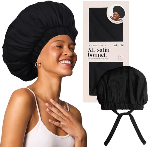 Kitsch XL Satin Bonnet for Sleeping - Softer Than Silk Hair Bonnet For Women - Secure Fit, Adjustable Night Cap For Curly & Textured Hair - Prevents Breakage, Tangles & Thinning - Black
