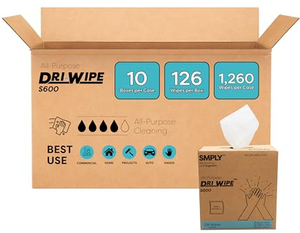 Dri-Wipe S600 by SMPLY Brands – All-Purpose Disposable Wipes, 10 Boxes of 126 (1,260 Total), Strong Alternative to Shop Towels & Paper Towels, 8 x 14 Center-Pull Sheets