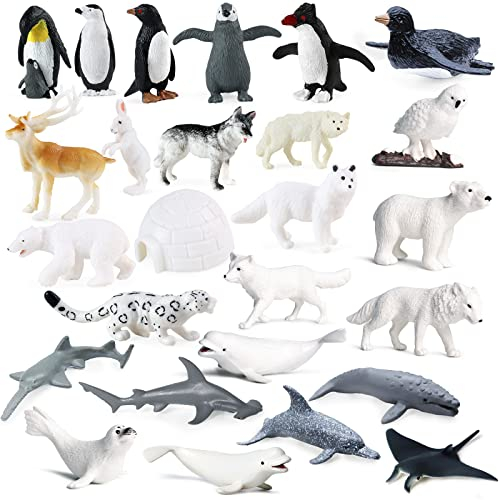 SIENON 26Pack Polar Animal Figurines, Mini Plastic Arctic Antarctic Sea Creatures Penguin Polar Bear Walrus Snowy Owl Wolf for Kids Educational Christmas Birthday Cake Topper Gift Easter Egg Decor