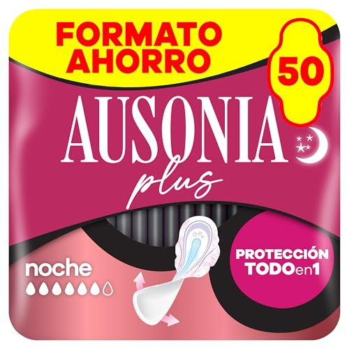 Ausonia Compresas Ultra Plus Noche Con Alas, 50 unidades, Protección Y Ligero Aroma Todo En Uno (Más Anchas En La Parte Trasera)