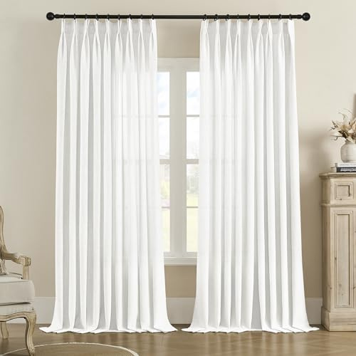 MASWOND Extra Wide Pinch Pleated Semi Sheer Curtains, 100W x 108L, White | Extra Long, Light Filtering, Pinch Pleat Drapes with Hooks, For Sliding Patio Door, Living Room, Bedroom, 1 Panel, Luxurious