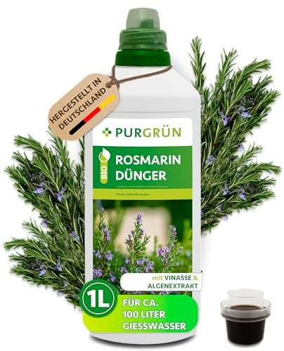 Purgrün® Bio-Rosmarin-Dünger 1 Liter – Organische Rezeptur – Premium-Flüssigdünger – NPK 4+1+7 – Mit Algenextrakt & Vinasse – Extra Kalium für ein intensives Aroma – Ohne tierische Inhaltsstoffe