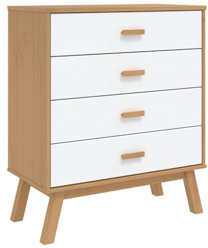 vidaXL Schubladenschrank, Sideboard mit 4 Schubladen, Schrank Kommode mit Holzbeinen, Aufbewahrungsschrank Schubladenkommode, Weiß Braun Massivholz Kiefer