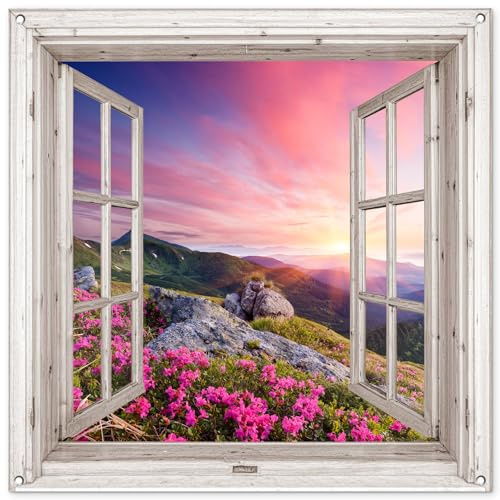 MuchoWow© Gartenposter Groß XXL Outdoor Bilder Gartendeko für draußen | 100x100 cm - Wetterfest Garten Deko Banner Bild Garden Decoration Berg - Landschaft - Fensterblick - Blumen - Abend