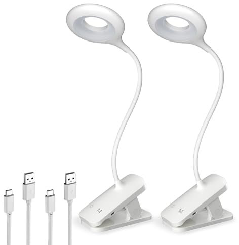 HECDSTLY Lot de 2 lampes de lecture LED à clipser, 25 modèles de lampes de lit rechargeables par USB avec pince solide pour tête de lit, protection des yeux, lampe sans fil pour cadre de lit, bureau,