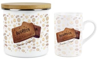 Purely Home Bourbon Mug & Canister Gift Set - Novelty Gifts for Foodies - Ceramic Mug & Enamel Biscuit Tin/Cookie Jar Present