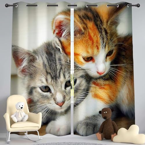 WEQEER Katzen-Fenstervorhänge Mädchen Süßes Haustier Katzen Vorhänge Cartoon-Katzenvorhang Für Schlafzimmer, 3D-Tier-Katzenvorhänge Für Kinder Jungen (6,100×140BxH (50×140cm×2))