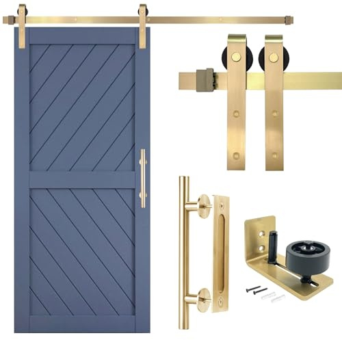Rio Salto Adjustable Gold Barn Door Complete Hardware Kit 6ft 7in (79in) Sliding Door Hardware Modern Kit Interior Handle Floor Guide Hardware - Light Gold Kit NO Door