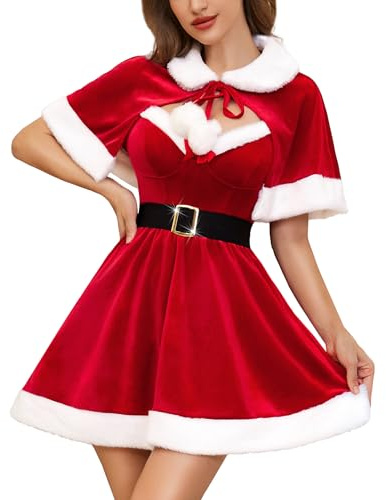 RSLOVE Mrs Claus Costume Women - Christmas Lingerie Dress Sexy Santa Babydoll Outfit with Cape Red S