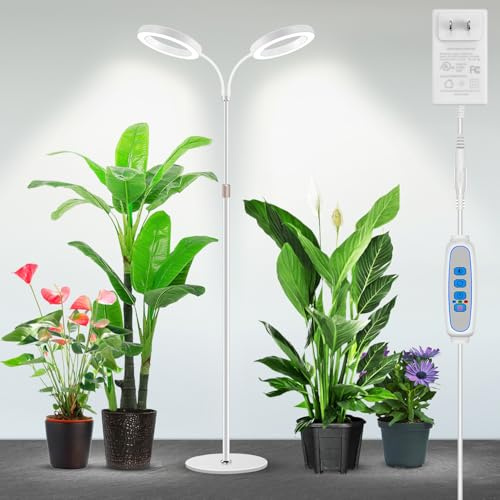Garpsen Plant Lights Indoor, Dual-Head Full Spectrum with Stand, 168 LEDs | 6000K Floor Grow Light, 3 Color Modes, Timer 6/12/16H, 5 Dimmable Levels, 67'' Adjustable Height, Gooseneck