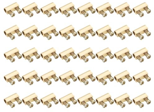 PATIKIL Steel Wire Rope Cable Clamp, 40 Pack M3 Double Hole Wire Rope Clips 3.0mm Line Hole with End Screw Stopper, Brass Tone