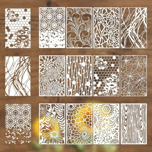 12Pcs Reusable Stencils for Painting, Texture Art Stencils for Crafts Net Wood Grain Stencil Templates Spray Paint Layering Stencil for Painting on Wooden, Wall, Canvas, DIY Home Decor