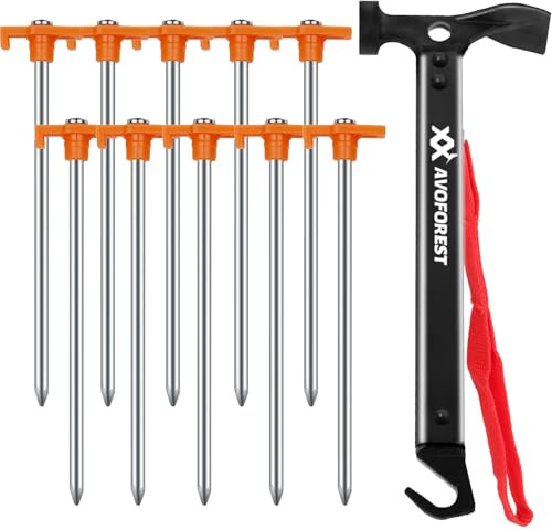 AVOFOREST Camping Hammer mit 10 PCS Zelt Heringe, Hammer aus Aluminium, Outdoor-campinghammer, Multifunktionaler Campinghamme für Zeltheringe mit Aufbewahrungstasche