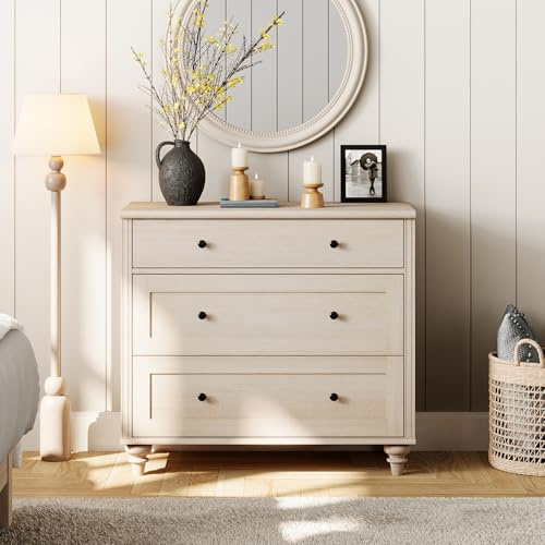 WAMPAT Dresser for Bedroom with 3 Drawers, Kids Dressers with Wide Chest of Drawers, Mid Century Modern Wooden Closet Storage Organizer, Small Dressers for Nursery, Hallway, Living Room, Light Oak