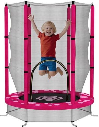 AIYAPLAY 4.6ft Kids Trampoline with Safety Enclosure Net, Recreational Toddler Trampoline for Indoor Outdoor Use, Ages 3-6 Years, Sun Pattern, Pink