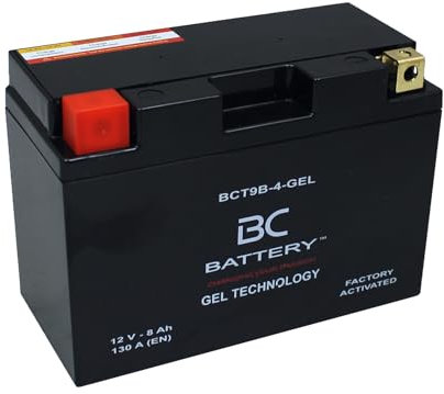 BC BATTERY Batteria Avviamento Moto al GEL 12V 8Ah BCT9B-4-GEL Moto&Scooter, esente da manutenzione sigillata precaricata simile a YT9B-BS