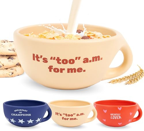 Fisura – Bol desayuno original “It’s too a.m”. Tazas desayuno beige de 490 ml. Taza de café grande. Bowl de cerámica para café. Cuenco para muesli. 16,5 cm x 7,5 cm