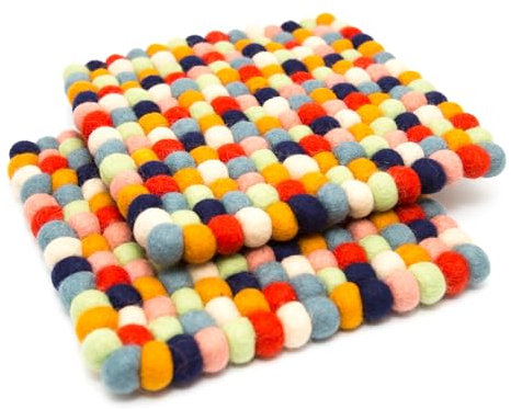 Glaciart One Felt Trivet - 2 Pc - 100% Wool, Handmade in Nepal, Multicolor 6 Square - Heat-Resistant and Durable Pot Mat for Protecting Table