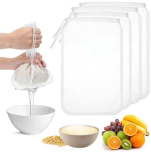 4 Pack Nut Milk Bag, Reusable Fine Mesh Strainer for Juicing Nut Bag Food Strainer Cheese Cloth Bag for Straining Juice Coffee Yogurt Tea Milk Almond Soy Fine Mesh Filter Cheesecloth Bags