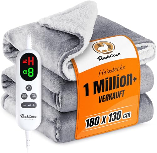 Mia&Coco Heizdecke mit Abschaltautomatik 180x130 cm, 10 Heizstufen, 9 Std. Auto-Off Timer, Überhitzungsschutz, maschinenwaschbar, elektrische Wärmedecke aus Flanell für Bett, Sofa & Wohnzimmer, Grau