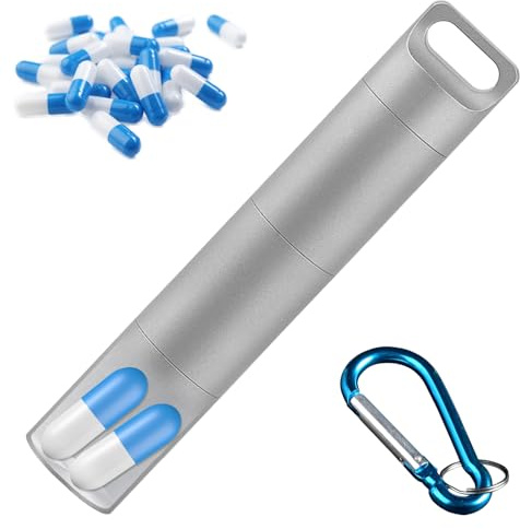 Edelstahl Mini Pillenbox, Portable & Wasserdichte Medikamentendose mit Schlüsselanhänger, 91 * 18 mm, Steinwaschfarbe