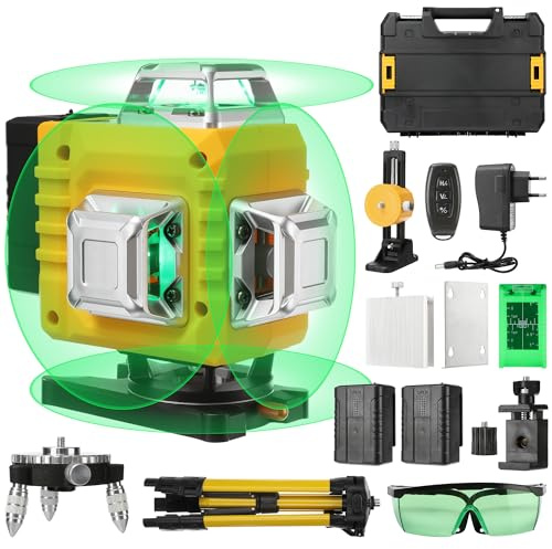 GEARLEADER 4×360° Green Laser Level – 16-Line Self-Levelling Laser Spirit Level with Horizontal & Vertical Cross Lines, Indoor/Outdoor Lazer Tool with 2 Rechargeable Batteries & Remote Control