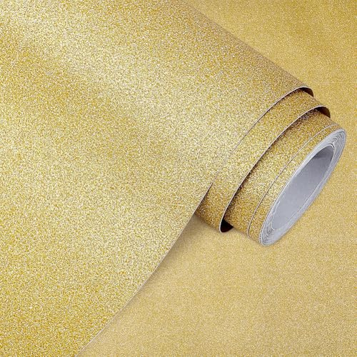 FINGERINSPIRE 5 m Goldenes Glitzer Vinyl Kontaktpapier 40cm Breit Selbstklebend Glitzer Tapete Zum Aufkleben Und Abziehen Abnehmbar Funkelnde Wandbordüre Holografischer Tapetenbordürenstoff
