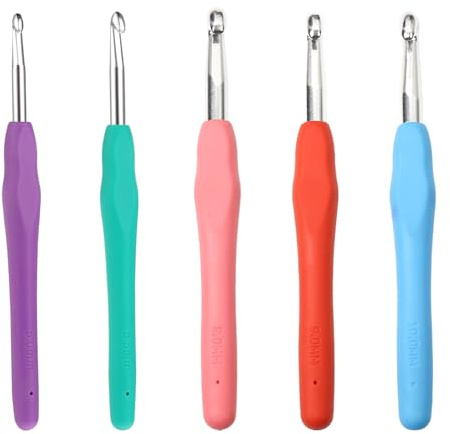 Alrens 5 Stück Häkelnadel Set （5-10mm) Ergonomische Häkelnadeln Crochet Hook Bunt TPR Griff Häkelnadel Professionelles Gummi-Metall-Häkelwerkzeug für Anfänger und Häkelgarn