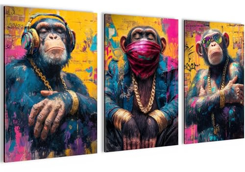 Novart Set de tableaux Animaux - AUCUN CADRE SUPPLÉMENTAIRE REQUIS - Tableaux muraux pour Salon Chambre à coucher Bureau - Déco 3 pièces Singe - N040536a