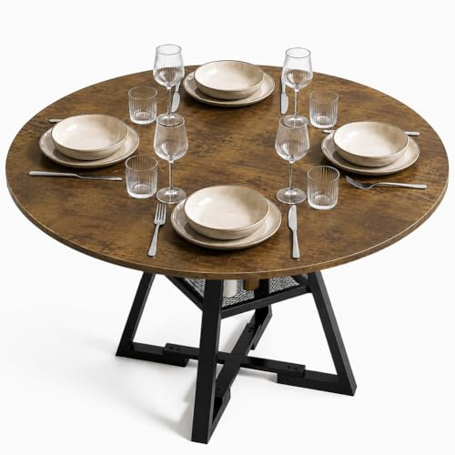 Shally Dogan Tavolo Rotondo per Sala da Pranzo e Cucina Diametro 120cm, Gambe in Metallo con Ripiano Portaoggetti Inferiore e Piano in Legno, Ideale per Casa e Ufficio, Industrial