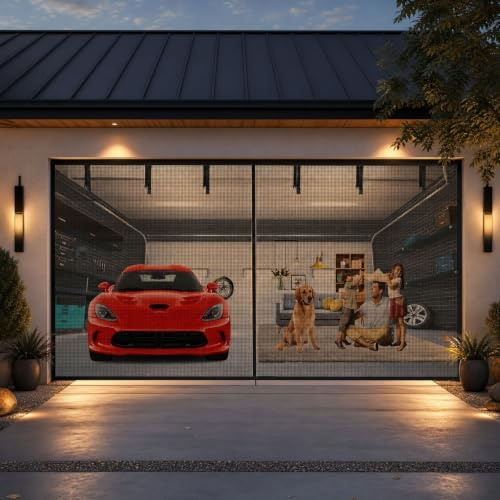Door Fly Screen Magnetic, Heavy Duty Retractable Fiberglass Mesh Garage Door Curtain for Garage Patio Garden Shed with Strong Magnetic Closure, Hands Free Self-Sealing(Black,96 Inch H x 112 Inch W)