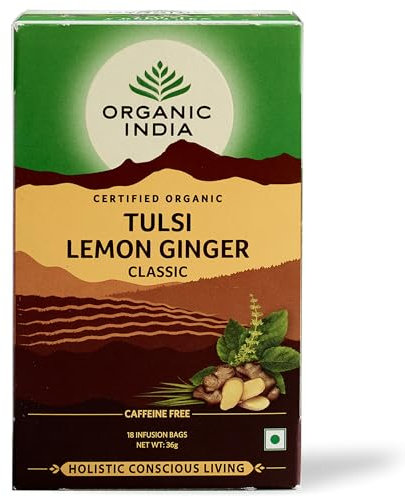 Organic India Tulsi Lemon & Ginger Tea, Caffeine-Free Herbal Tea, Certified Organic & Natural Ingredients, 18 Tea Bags